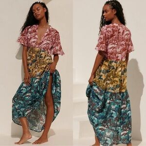 Anthropologie Pink, Yellow & Teal Floral Tiered Maxi Dress